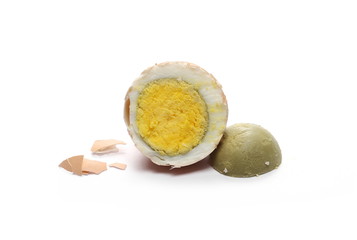 Boiled egg sliced in half isolated on white background
