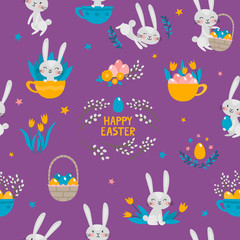 Vector seamless pattern with rabbits, flowers and eggs on violet