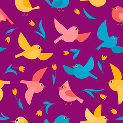 Pattern with colorful flying birds isolated on violet.