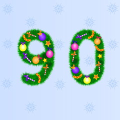  Numbers of fir branches with New Year`s toys. Set of New Year fonts