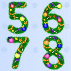  Numbers of fir branches with New Year`s toys. Set of New Year fonts