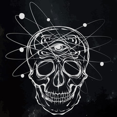 Skull with an eye on the forehead, divination, mysticism, prediction. Handmade. Tattoo design. Vector chalk illustration