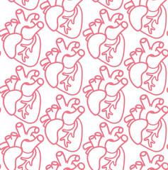 Human hear seamless pattern. Vector icons on the wight background. Medicine cartoon doodle icons.
