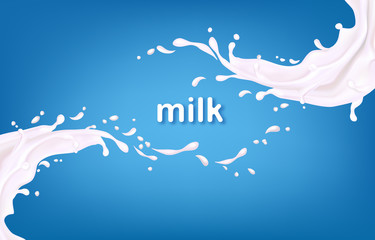 Milk splashes isolated on blue background. Realistic vector illustration for advertising or packaging cosmetics or dairy products. 