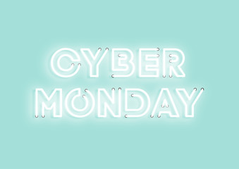 Cyber monday sale mint neon electric letters illustration. Concept of advertising for seasonal offer with glowing neon text.