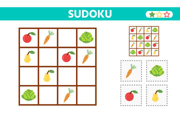 Sudoku game for children with pictures. Set of vegetables and fruit. Magic square. Kids activity sheet. Vector illustration