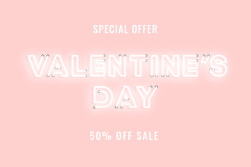 Valentine day sale pink neon electric letters illustration. Concept of advertising for seasonal offer with glowing neon text.