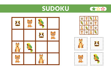 Sudoku game for children with pictures. Set of pets. Magic square. Kids activity sheet. Vector illustration