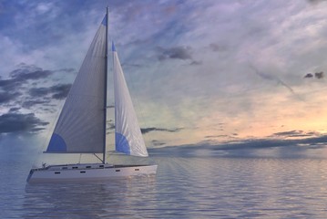 Naklejka na ściany i meble Sailing on sea and sunset 3d illustration