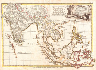 Fototapeta na wymiar 1770, Bonne Map of India, Southeast Asia and The East Indies, Thailand, Borneo, Singapore, Rigobert Bonne 1727 – 1794, one of the most important cartographers of the late 18th century