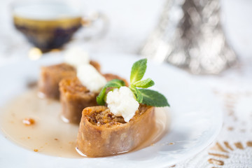 Baklava. Traditional dessert with honey and sour cream