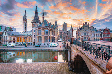 Sunrise view of Ghent, Flanders, Belgium - obrazy, fototapety, plakaty