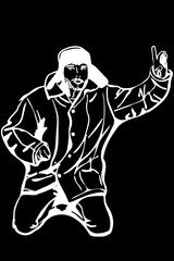  man in a winter hat raised a finger to the top attention