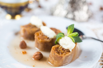 Baklava. Traditional dessert with honey and sour cream