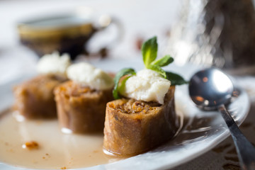 Baklava. Traditional dessert with honey and sour cream
