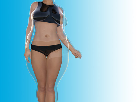Conceptual fat overweight obese female vs slim fit healthy body after weight loss or diet with muscles thin young woman on blue. A fitness, nutrition or fatness obesity, health shape 3D illustration