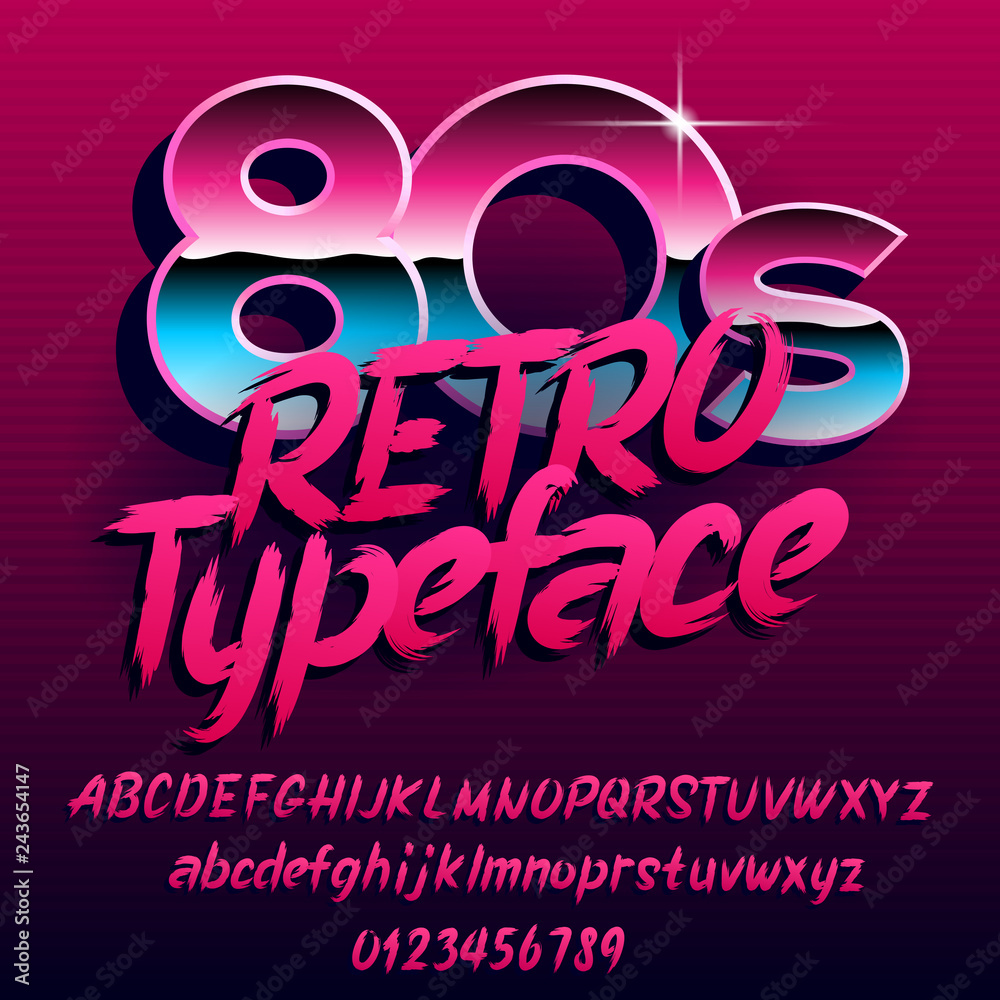 Fototapete 80s retro typeface. uppercase and lowercase handwritten letters and numbers. stock vector font for y