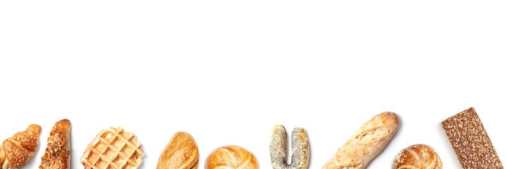 Bread roll bakery variety high angle frame banner cutout on white