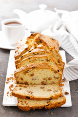 Fruit cake with raisin, sliced fruitcake