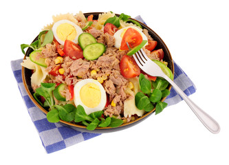 Tuna and pasta salad meal isolated on a white background