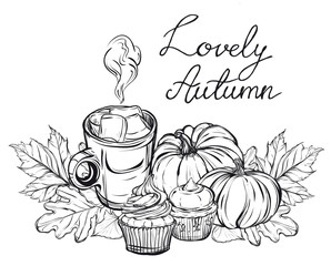 Autumn,leaves,pumpkins, cocoa, cupcakes,handmade, vector,Coloring book page design for kids and adults, card for you
