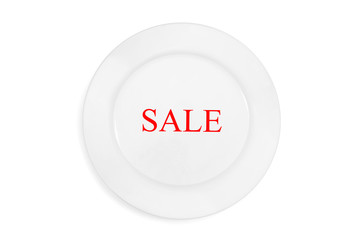 Word sale on the plate on the white background. Top view. Concept. Isolated