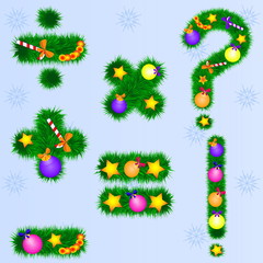 Numbers of fir branches with New Year`s toys. Set of New Year fonts