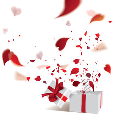 Happy Valentine's Day- surprising gift box with defocused transparent red heart shaped confetti or falling romantic hearty petals of flowers
