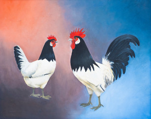 hand-painted oil painting of a rooster and chicken of the same breed with black head and tail and a white body against a colored background
