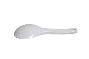 White plastic rice scoop spoon on white background