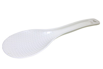 White plastic rice scoop spoon on white background