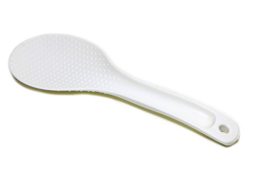 White plastic rice scoop spoon on white background