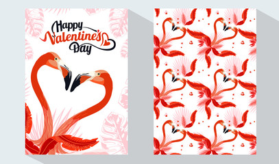 Happy Valentine's Day card set. Exotic flamingo and tropical palm leaves, plants, bird of paradise. Vector design templates. Design element for card, poster, banner, and other use. 