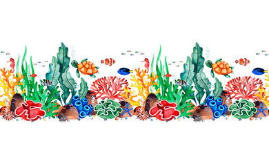 Underwater creatures seamless repeat border with multicolored corals,seashells,seaweeds,fish,turtle,seahorse.Perfect for invitations,party decorations,printable,craft project,greeting cards,texture.