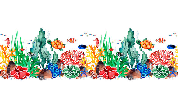 Underwater creatures seamless repeat border with multicolored corals,seashells,seaweeds,fish,turtle,seahorse.Perfect for invitations,party decorations,printable,craft project,greeting cards,texture.