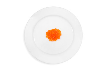 Top view of plate with red salmon caviar on the white background. Concept of gourmet food. Isolated