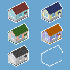 Drawn colored houses on blue background. Raster illustration. Isolated