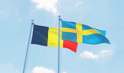 Sweden and Belgium, two flags waving against blue sky. 3d image