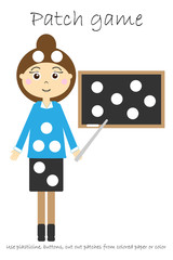 Education Patch game teacher for children to develop motor skills, use plasticine patches, buttons, colored paper or color the page, kids preschool activity, printable worksheet, vector illustration