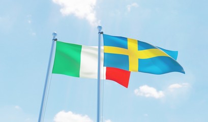 Sweden and Italy, two flags waving against blue sky. 3d image