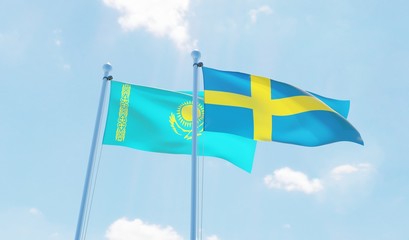Sweden and Kazakhstan, two flags waving against blue sky. 3d image