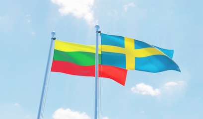 Sweden and Lithuania, two flags waving against blue sky. 3d image