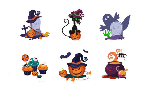 Halloween design elements set, scary symbols vector Illustration