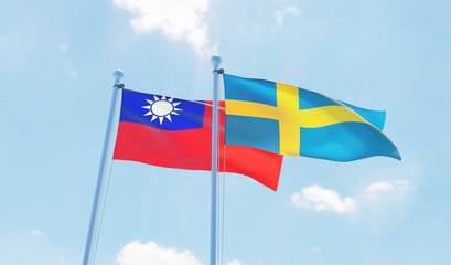 Sweden and Taiwan, two flags waving against blue sky. 3d image