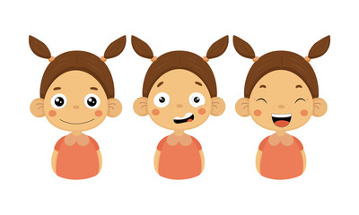 Flat vectoe set of little girl with different emotions. Smiling, confused and happy face. Cute child with two ponytails