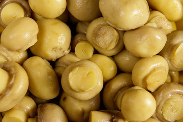 Food background of marinated mushrooms. Pickled champignons close-up
