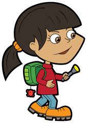 Girl searching with a flashlight/Illustration cartoon little girl dressed as a traveller with a backpack and a flashlight