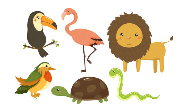 Flat vector set of cute jungle animals and birds. African fauna. Wildlife theme. Elements for children room decor