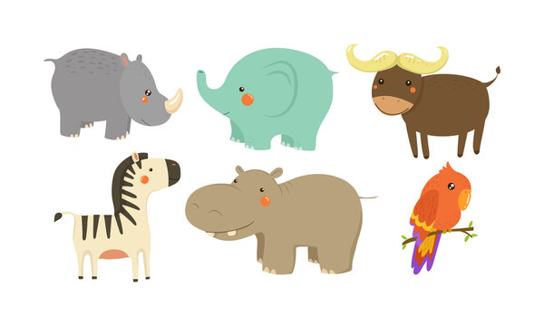 Set of African animals. Adorable cartoon characters. Wildlife theme. Flat vector elements for children book