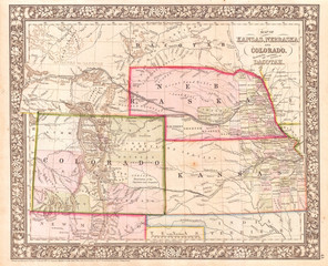 Fototapeta na wymiar 1866, Mitchell Map of Colorado, Nebraska, and Kansas